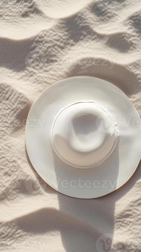 Top of view straw hat on white sand beach holiday summer destination theme photo