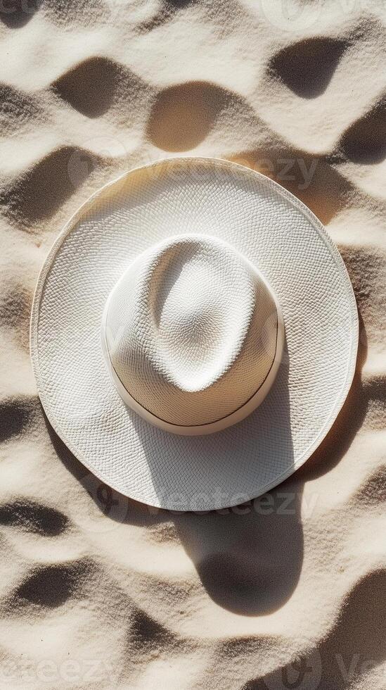 Top of view straw hat on white sand beach holiday summer destination theme photo