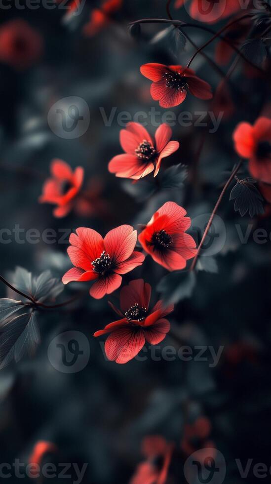 Captivating red flower dramatic photo effect dark blurred background portrait style