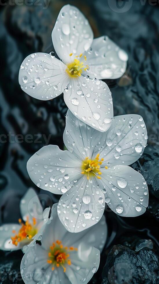 A stunning white flower with waterdrop freshness on rocks deep dark portrait background photo