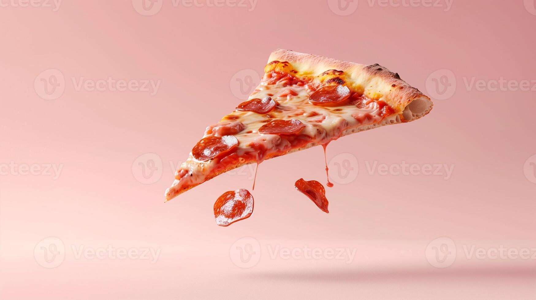 Pizza with cheese and sausage slice flying on solid background photo