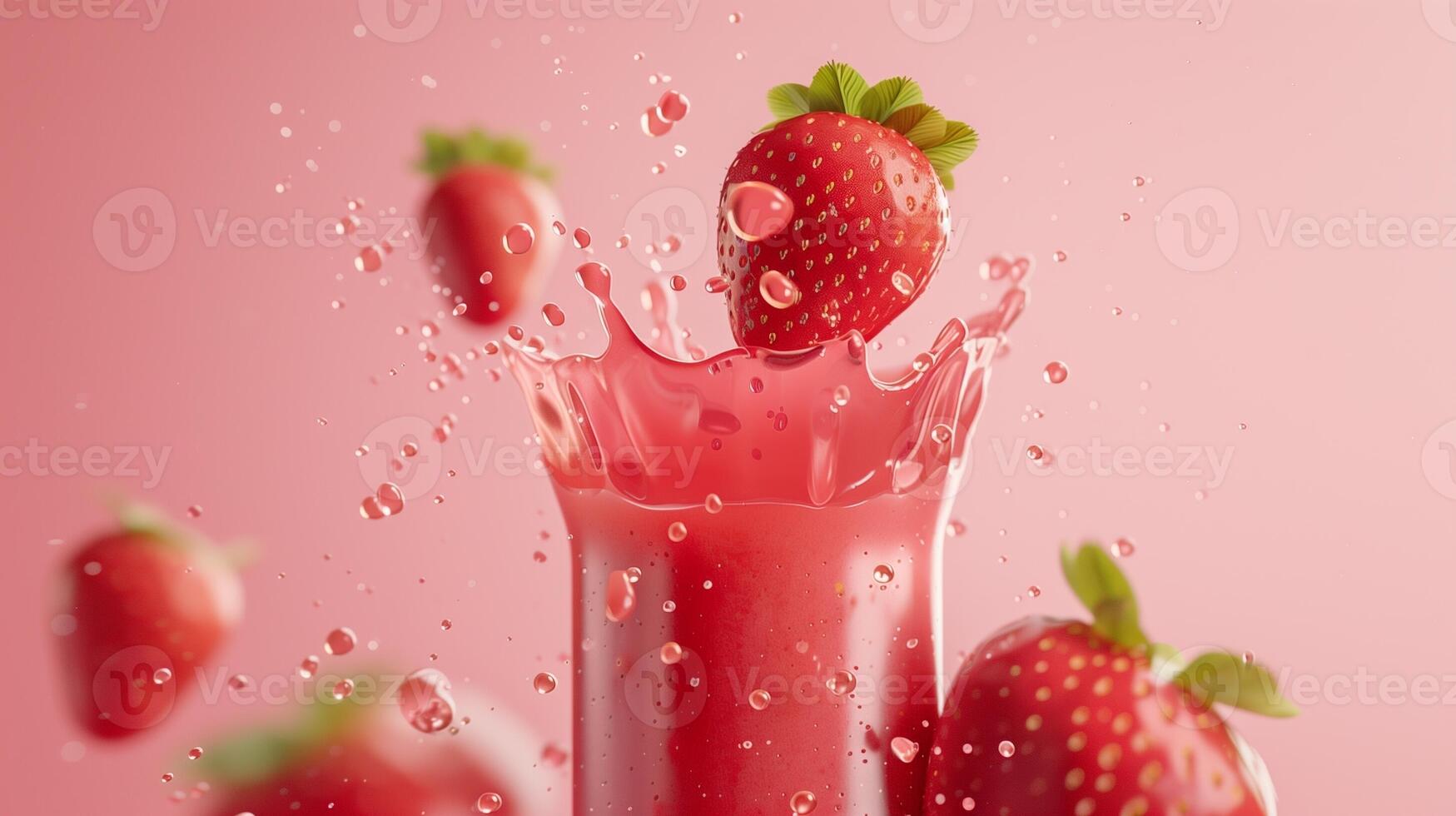 Red strawberry fruit juice in water with splashing bubble organic fresh nutrition healthy lifestyle photo