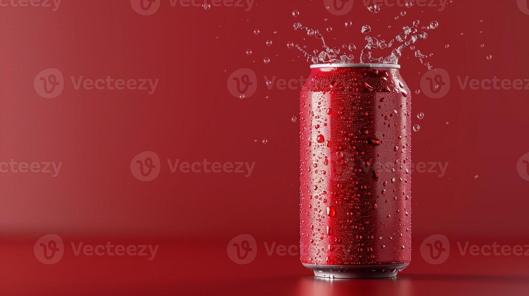 Red drink tin blank container in water with splashing bubble for mockup promotion product photo