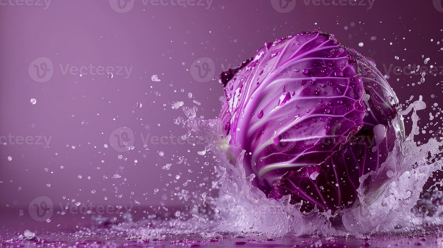 Purple cabbage fresh organic botanical gardening flying in water for promotion poster photo