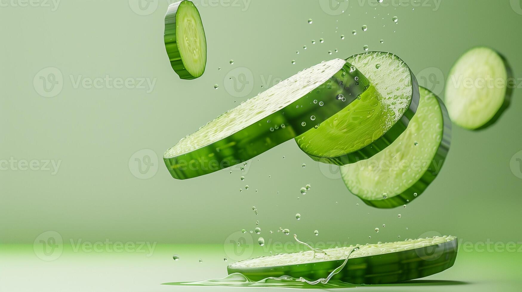 Cucumber slices vegetable flying in water with bubble natural organic gardening photo