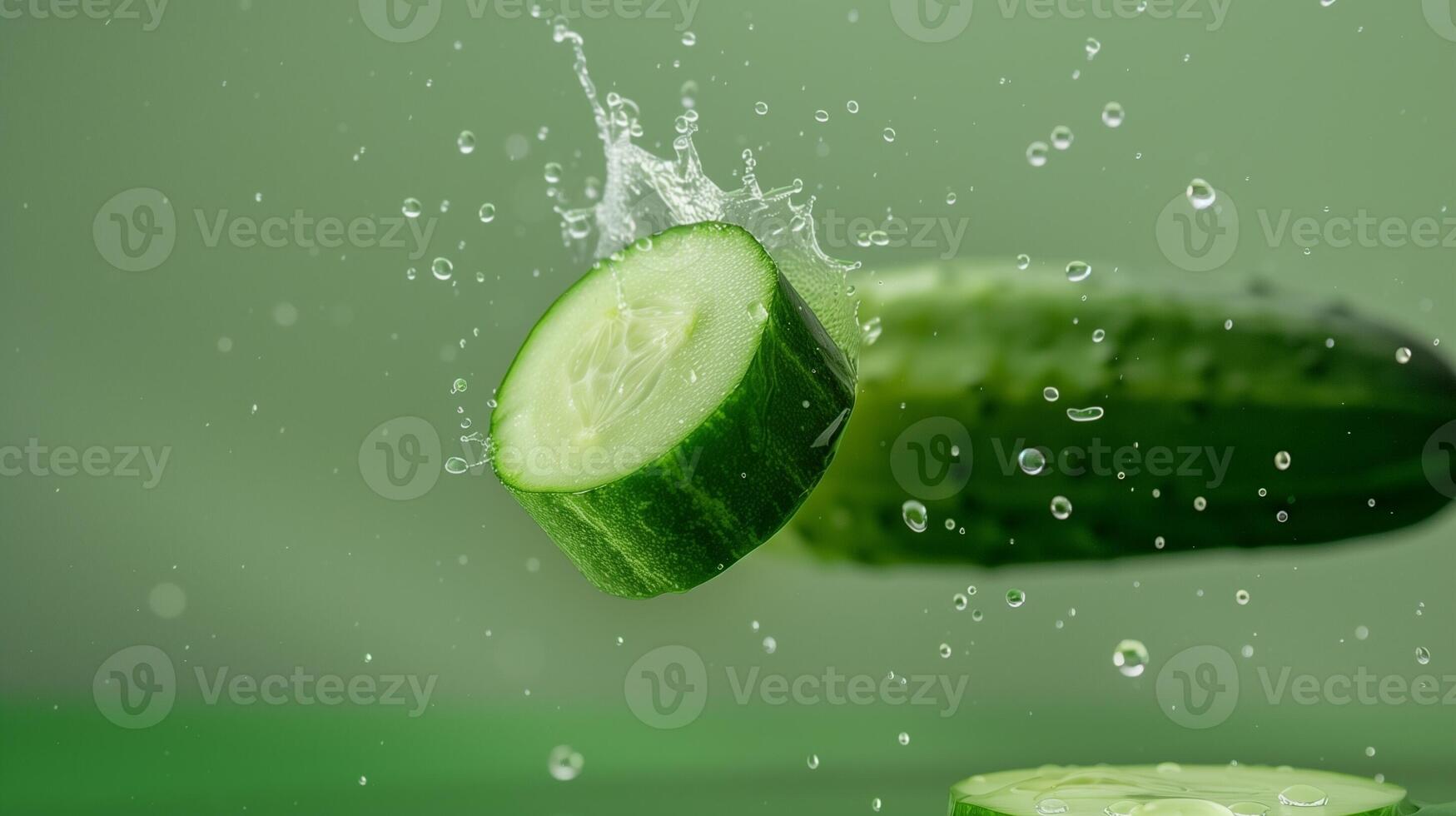 Cucumber slices vegetable flying in water with bubble natural organic gardening photo