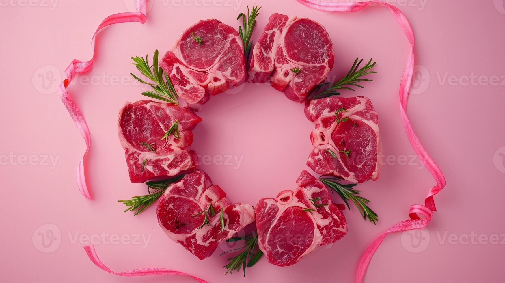 Fresh beef slices meat for grilled steak cooking party, circular arrangement copy space photo