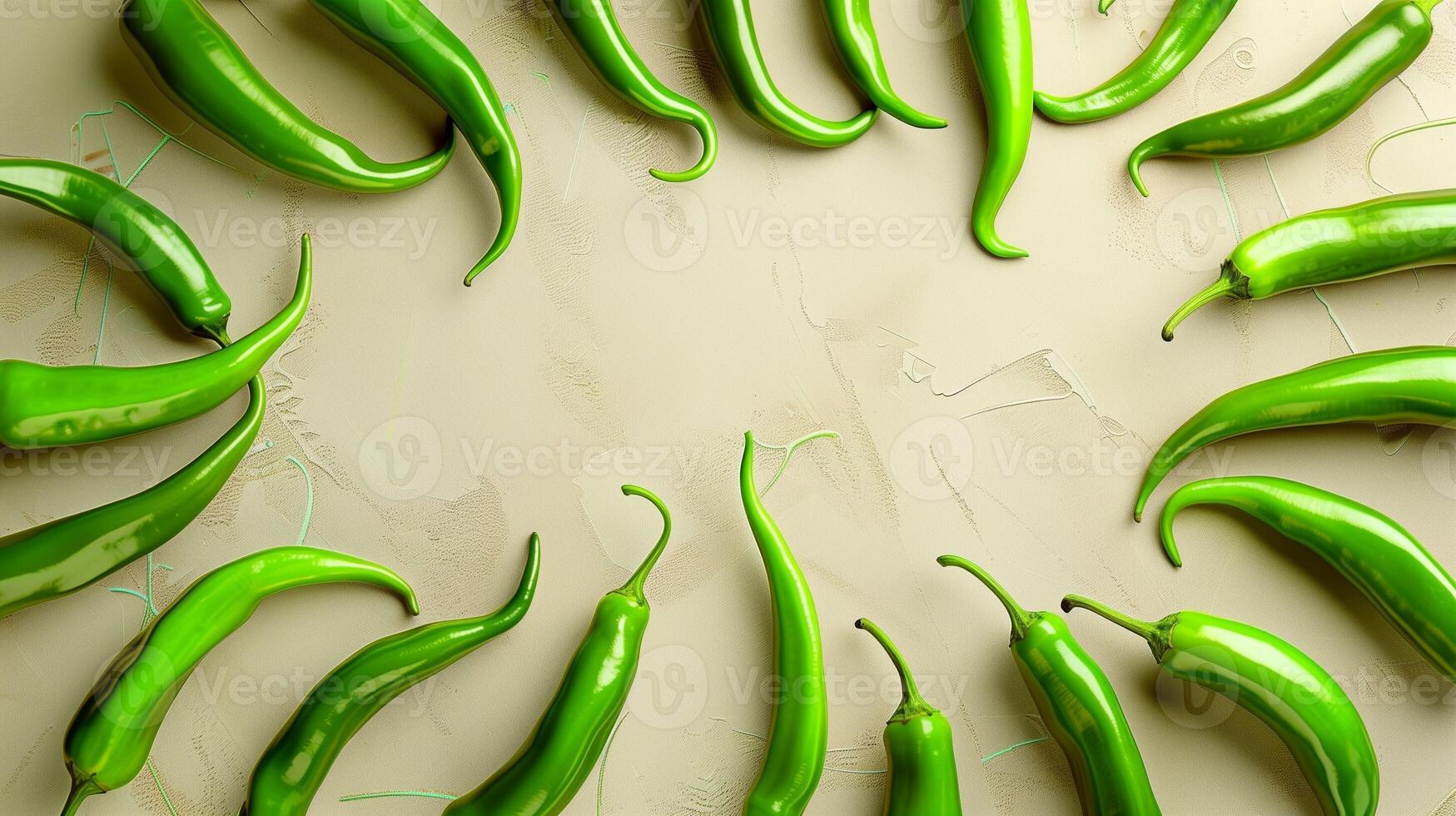 Green chili pepper circular arrangement copy space blank center, organic natural seasoning photo