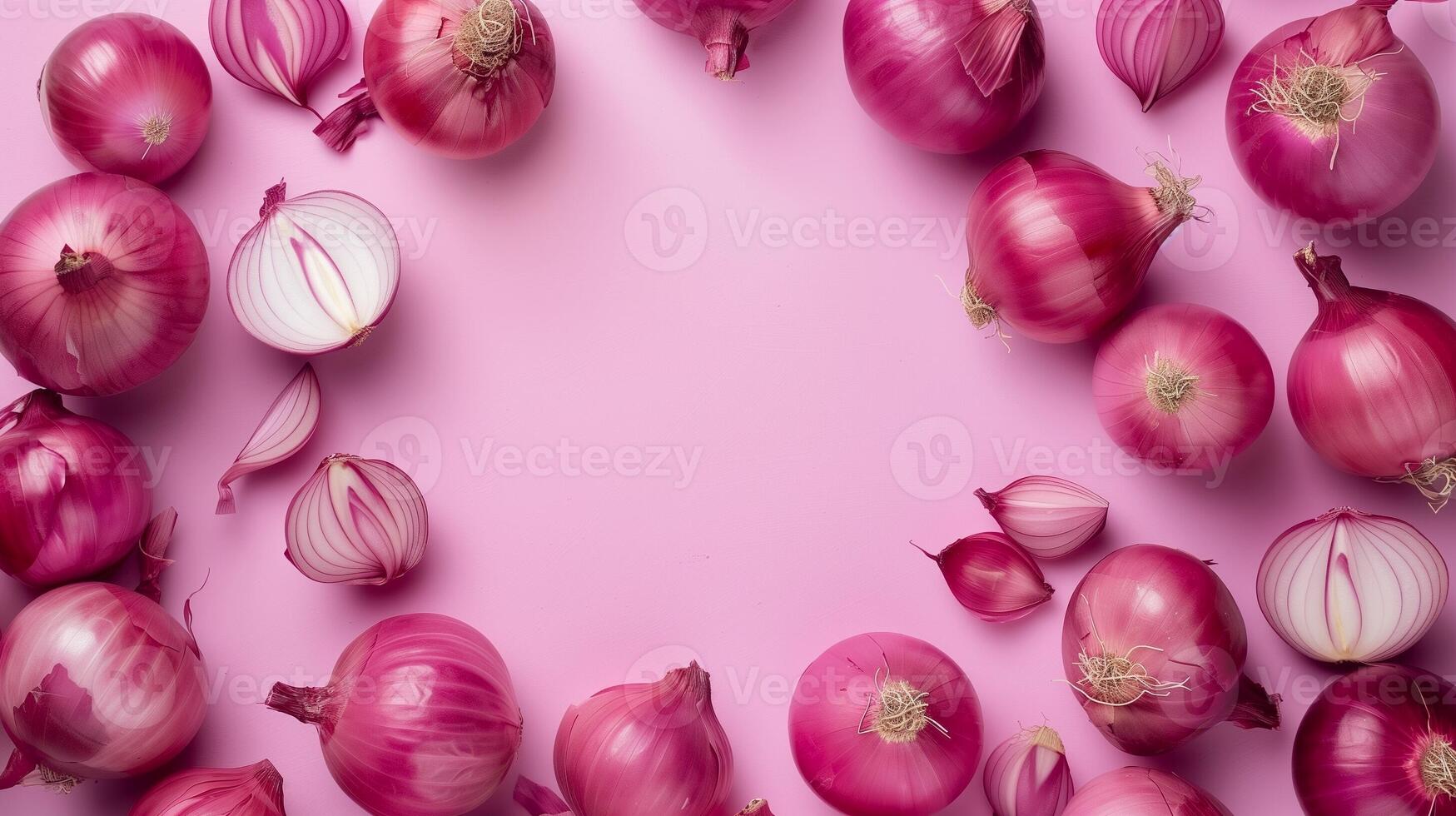 Onion organic fresh vegetable seasoning copy space in middle and pink background photo