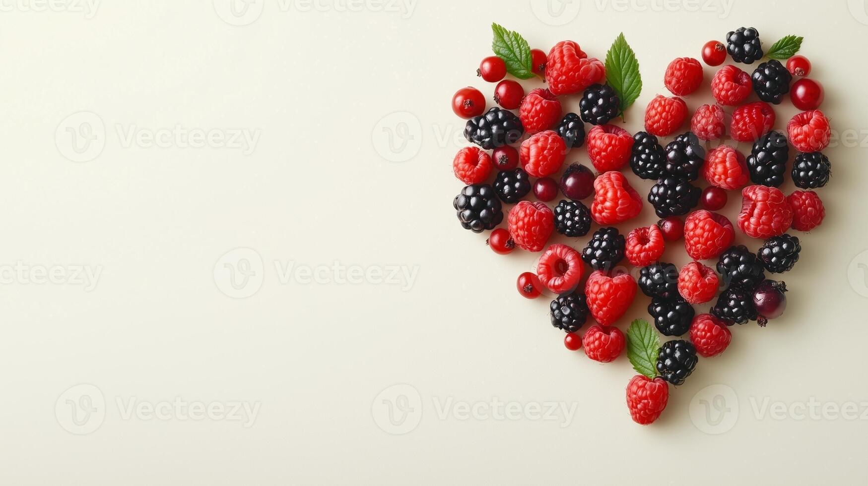 Raspberry and blackberry fruit are arranged in a heart-shaped arrangement copy space photo