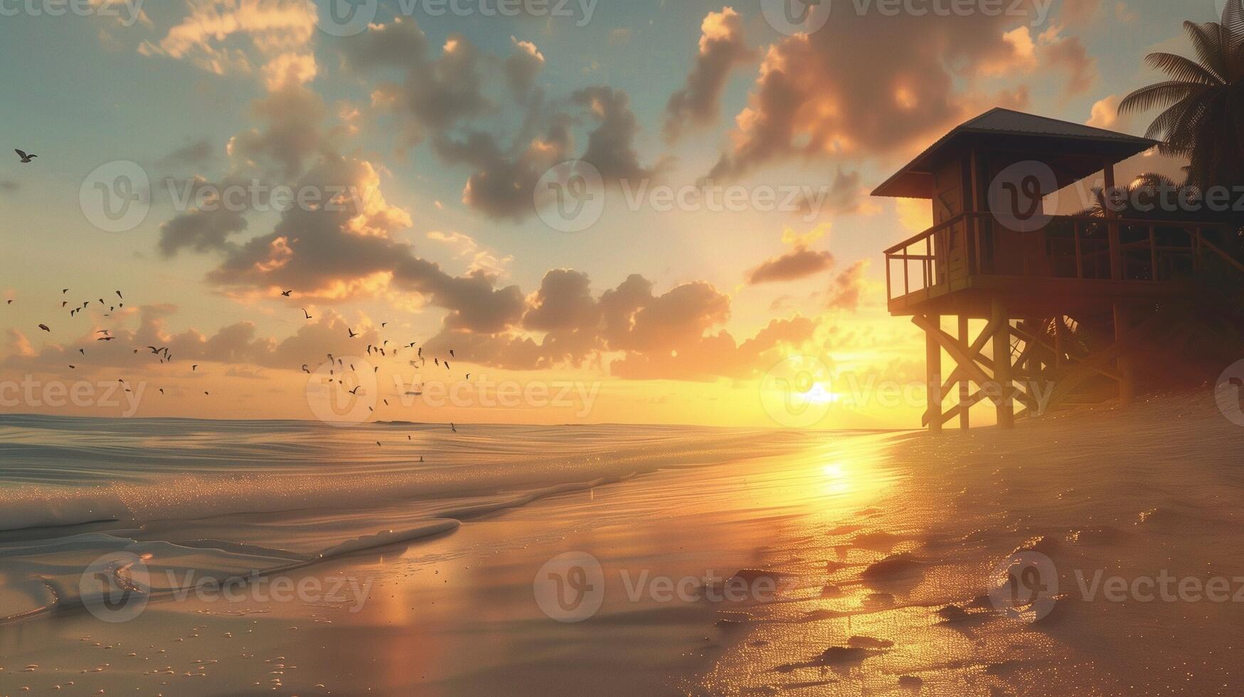 Yellow sunset on beach with sun, palm tree and ocean water photo