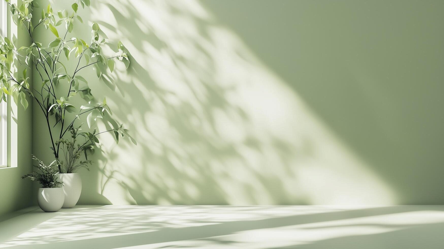 Empty room light green wall with shadow sun light and plant from window photo