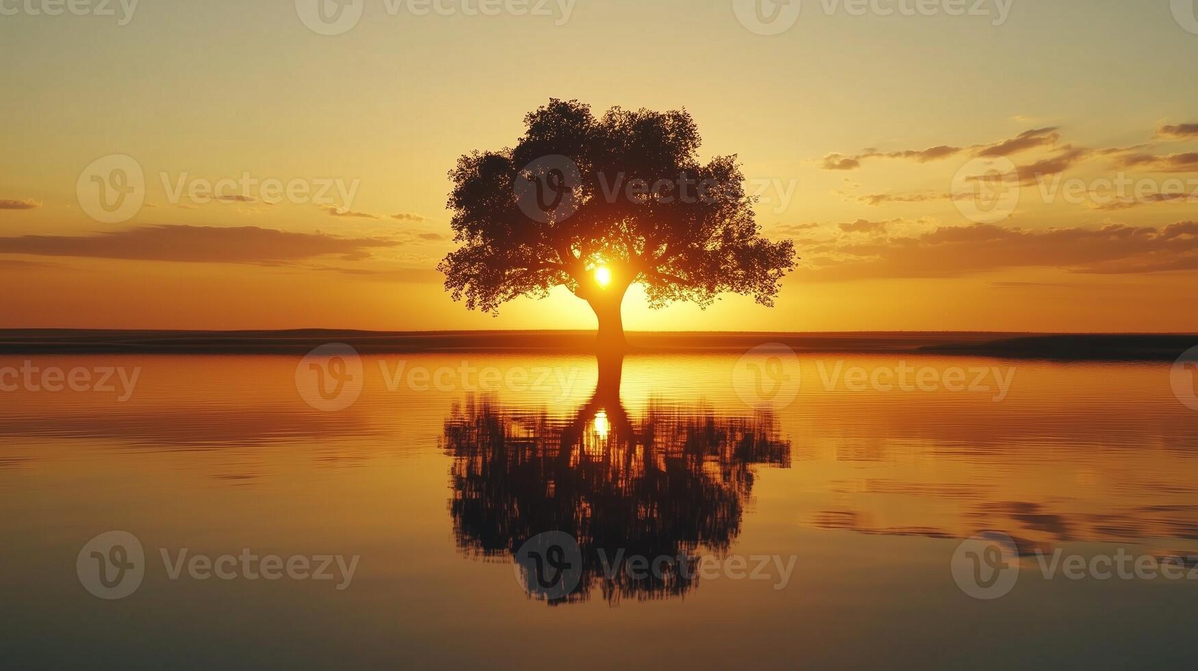 Beauty sunset and silhouette from tree mirroring reflection on ocean water photo