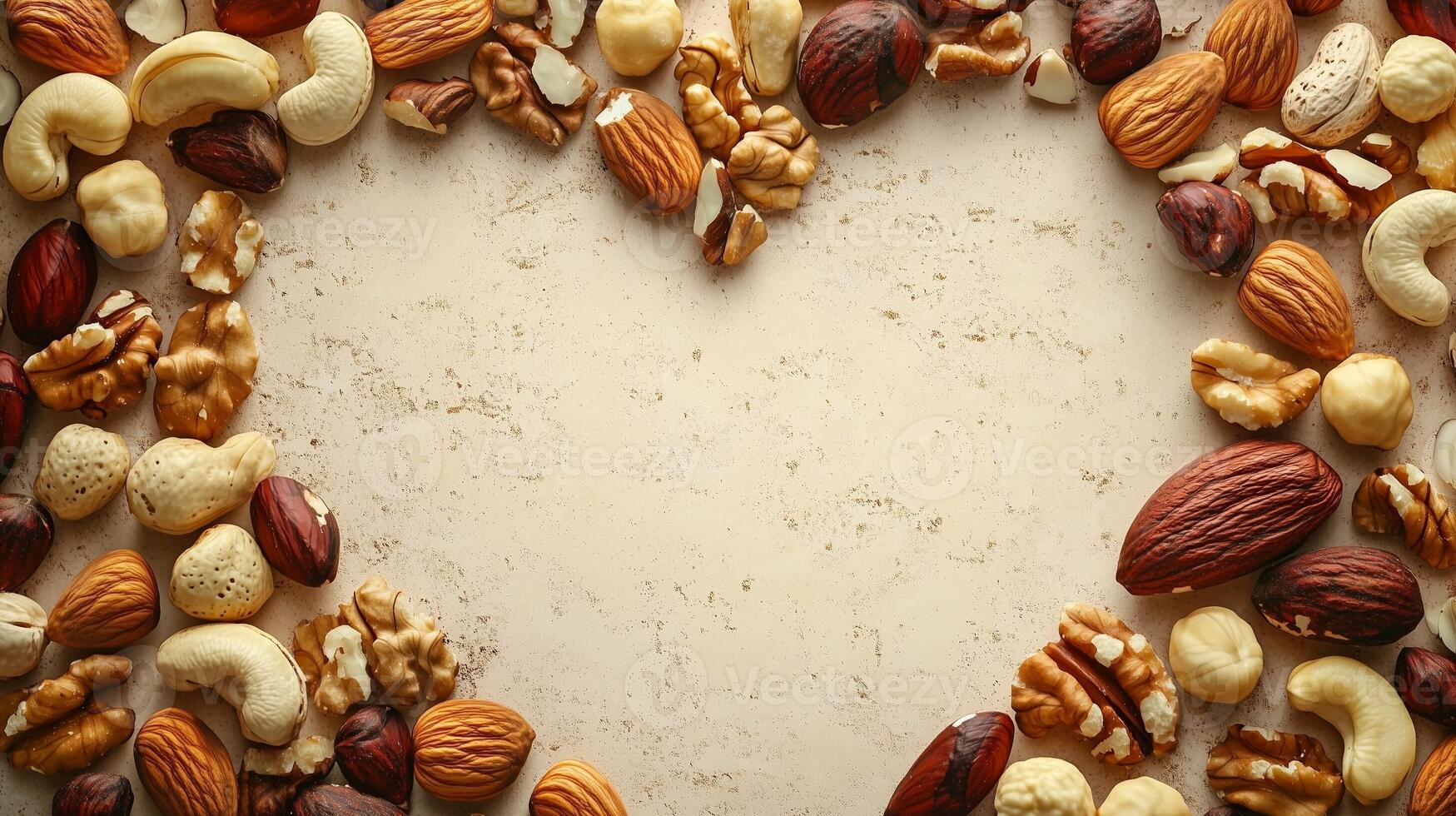 Variation nuts love shape arrangement copy space for greeting poster photo