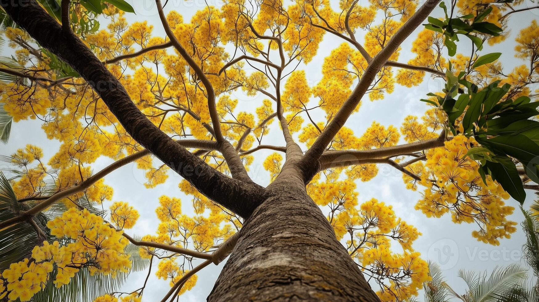 Captivating tree trunk wood with yellow blossom from low angle view perspective and blue sky photo