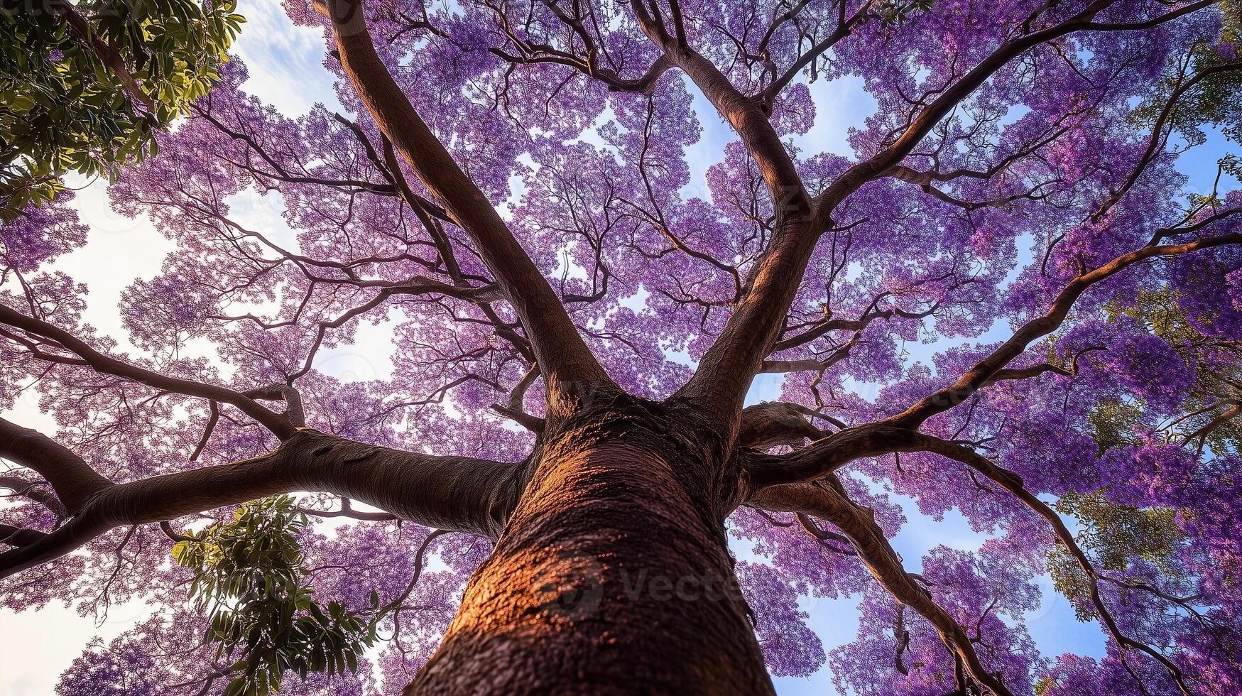 Captivating tree trunk wood with purple blossom from low angle view perspective and blue sky photo