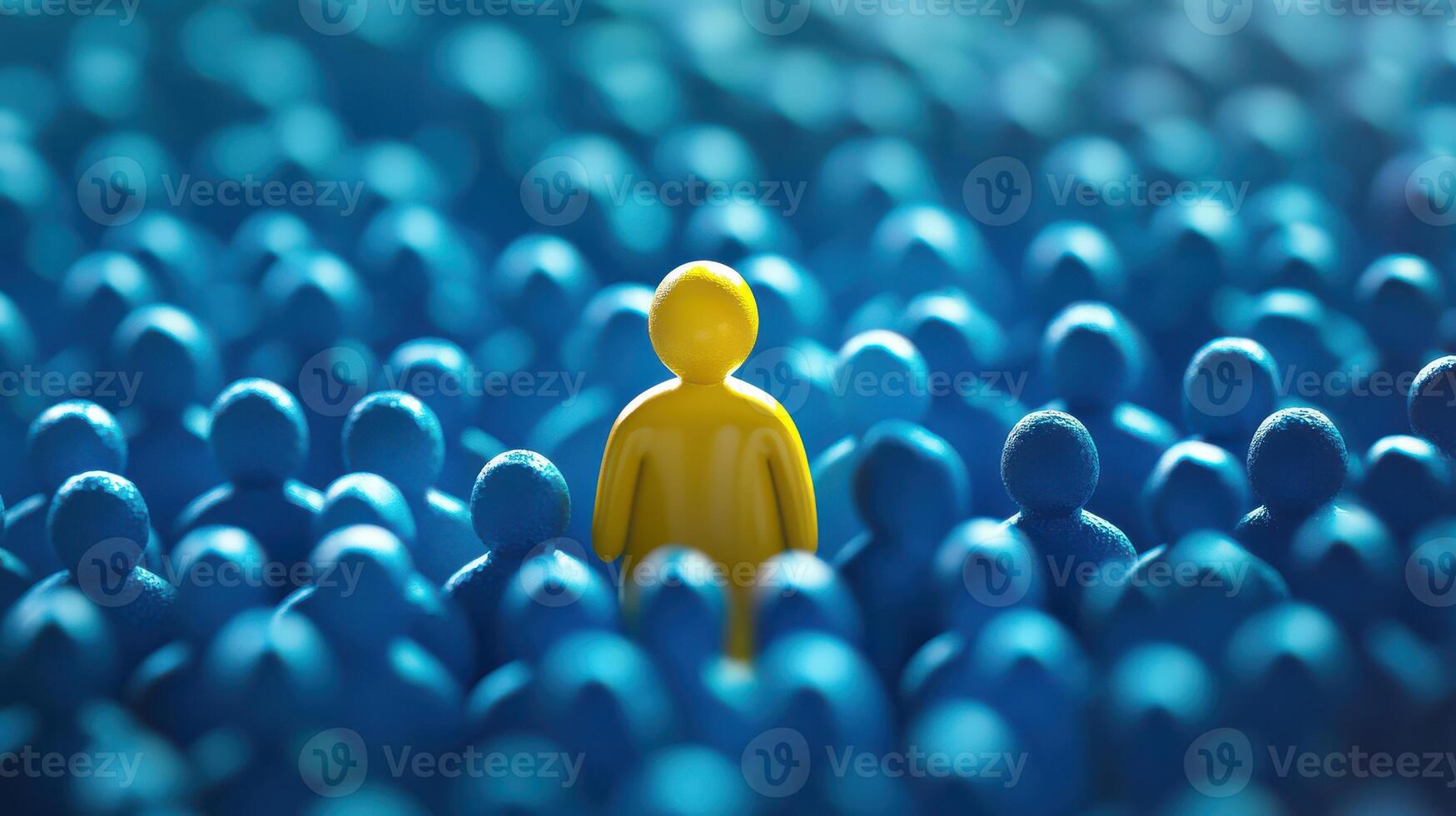 A yellow figure stands out from a crowd of blue people photo