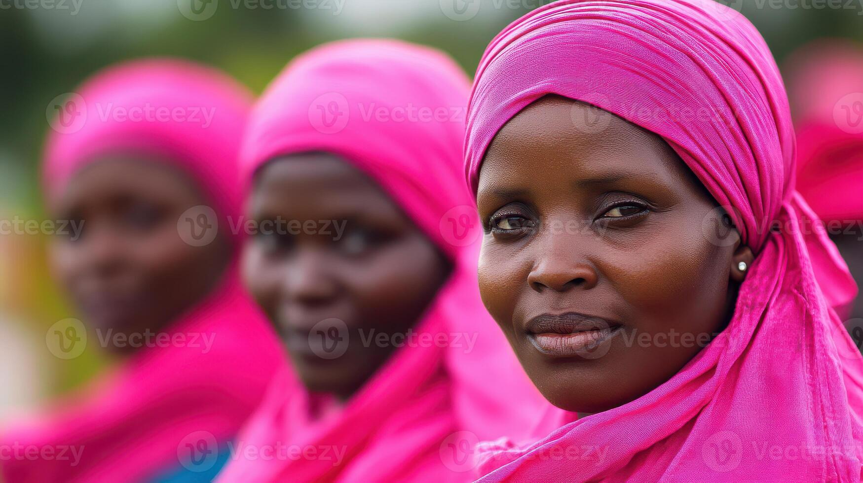 A group of women wearing bright pink headscarves photo