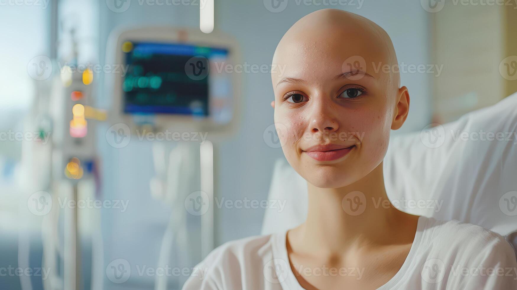 A woman with bald head sitting in a hospital bed photo