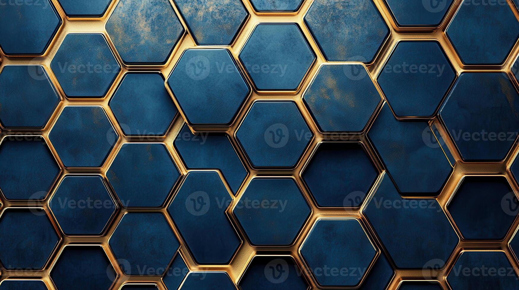 A blue and gold background with hexagonal shapes photo