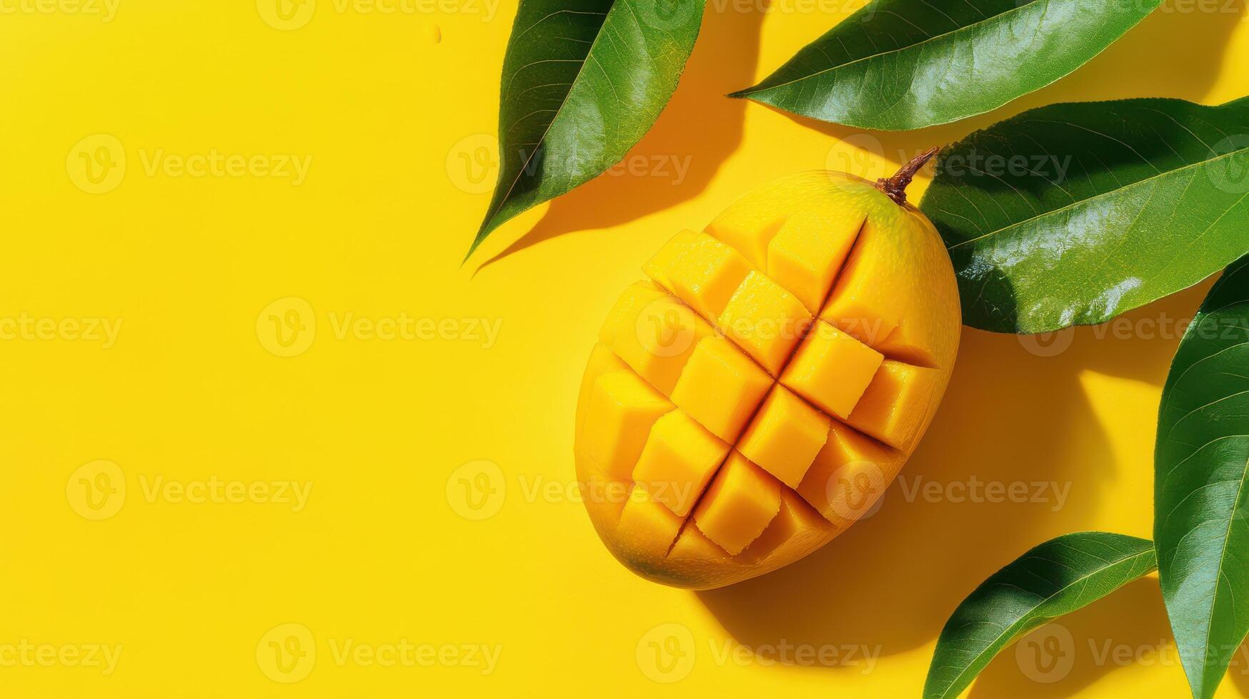 Mango on yellow background with green leaves photo