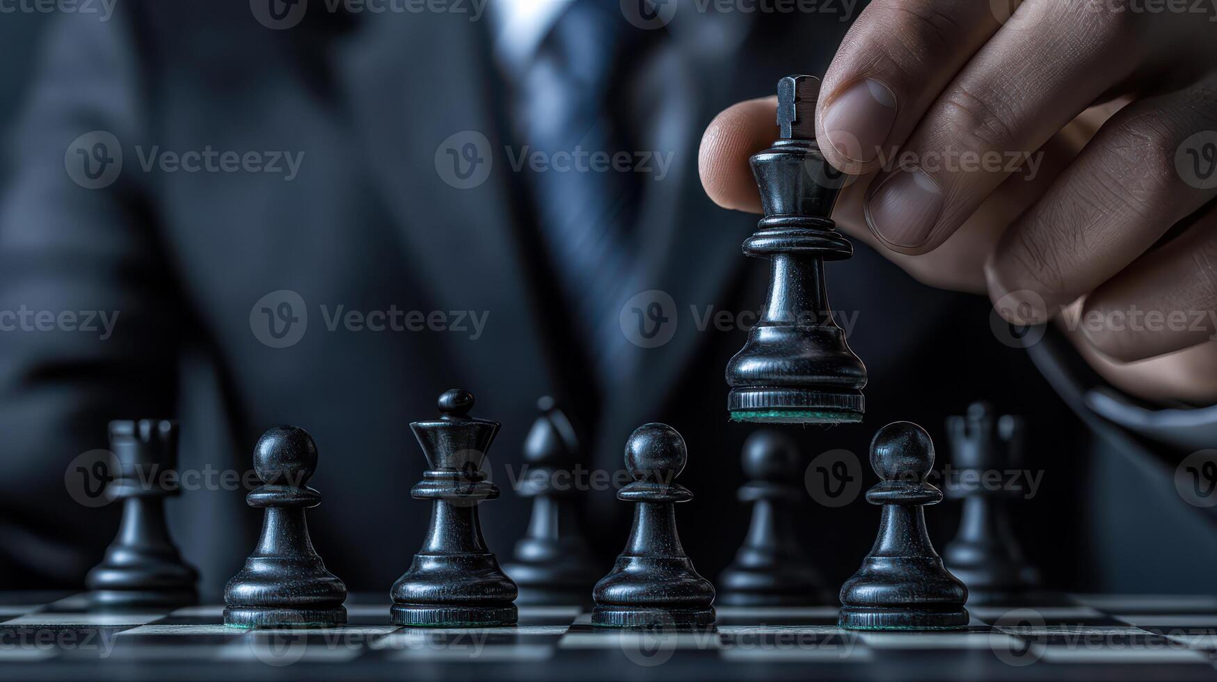 A man in a suit is playing chess with a black king photo