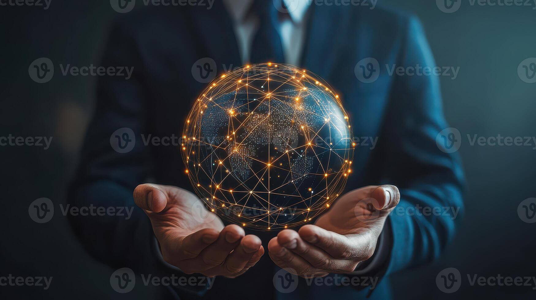 Businessman holding a globe with network lines and dots photo