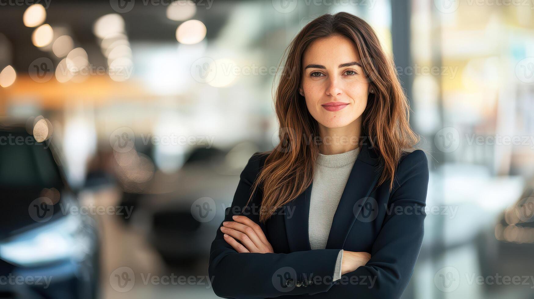 A woman in a business suit standing in front of a car dealership photo