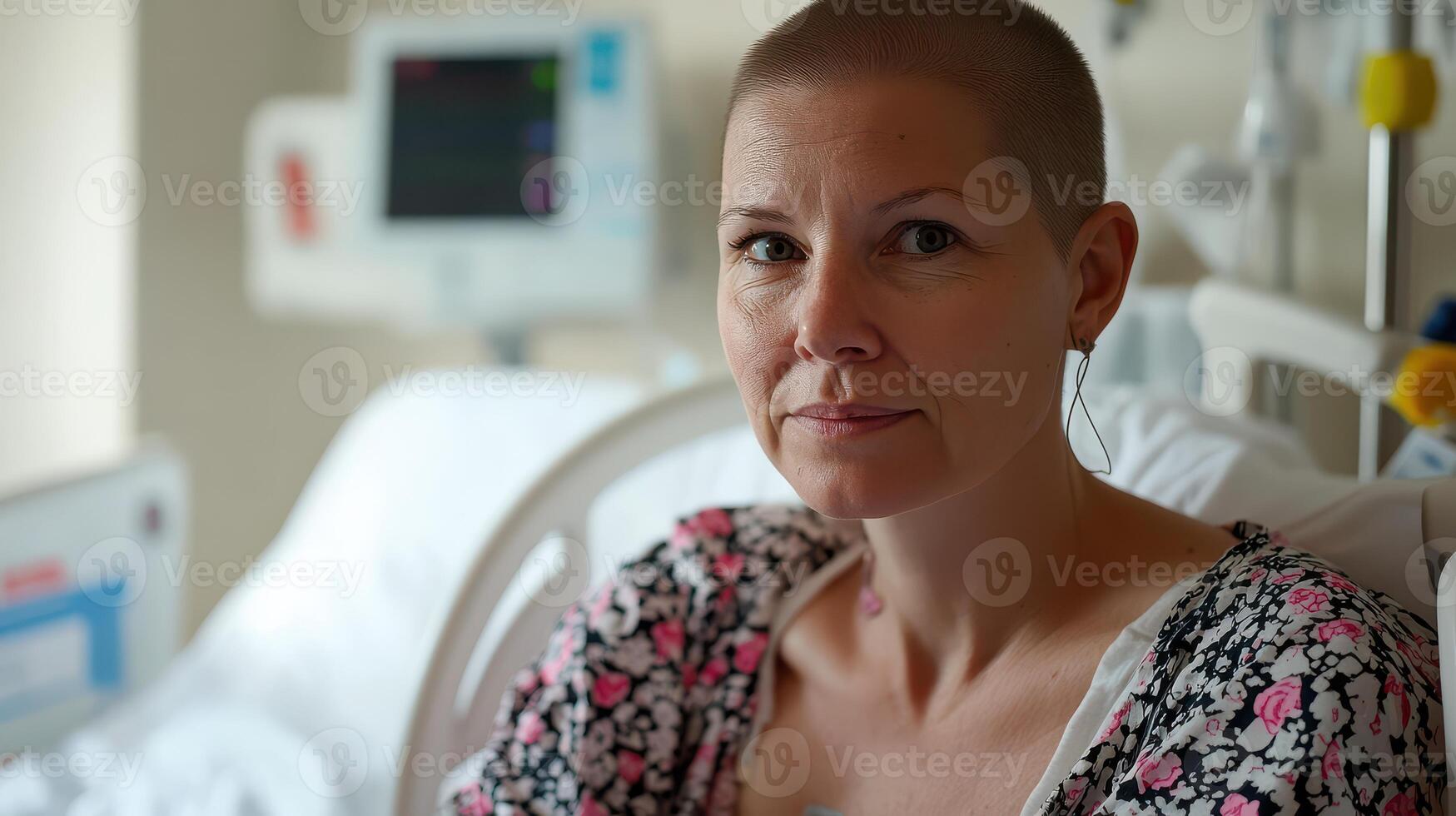 A woman with a shaved head sitting in a hospital bed photo