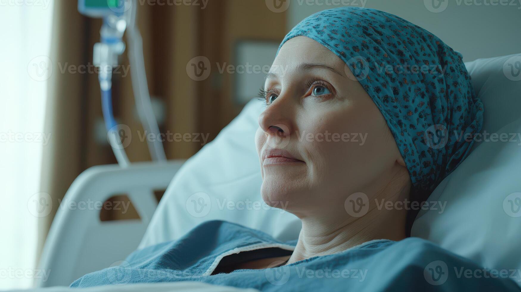 A woman in a hospital bed with a drip photo