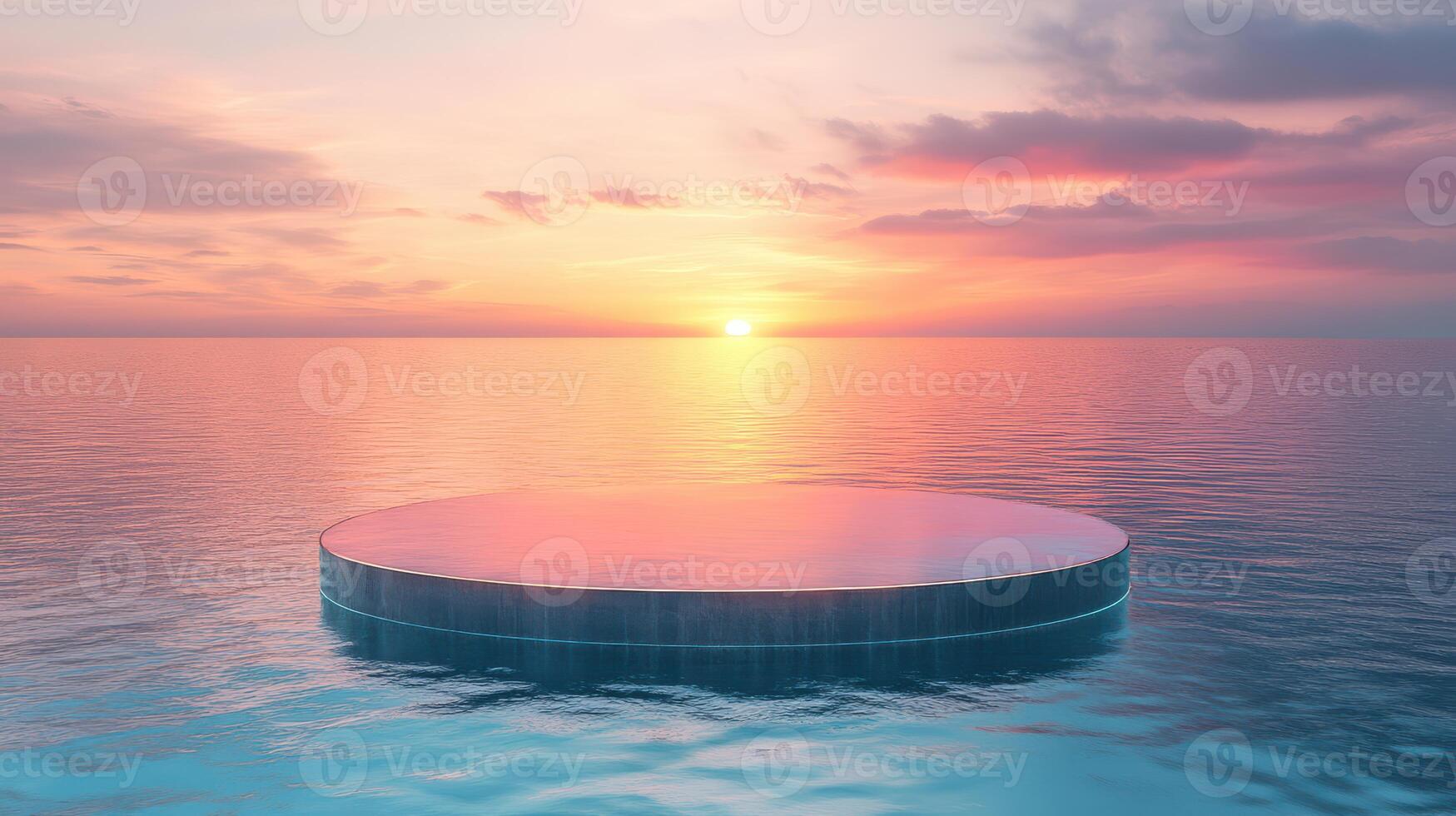 A floating platform in the ocean with a sunset photo