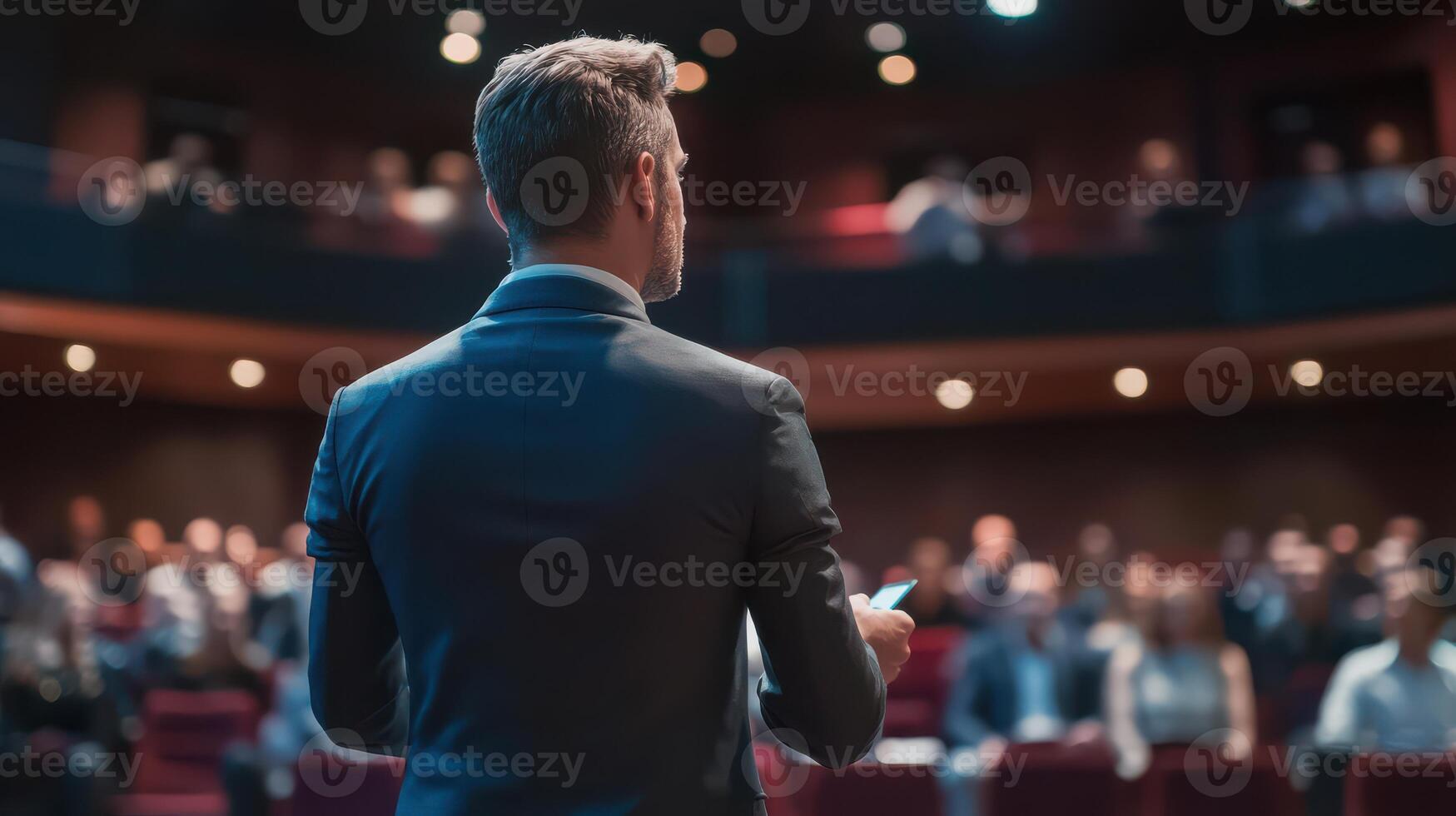 A man in a suit is standing in front of a crowd photo