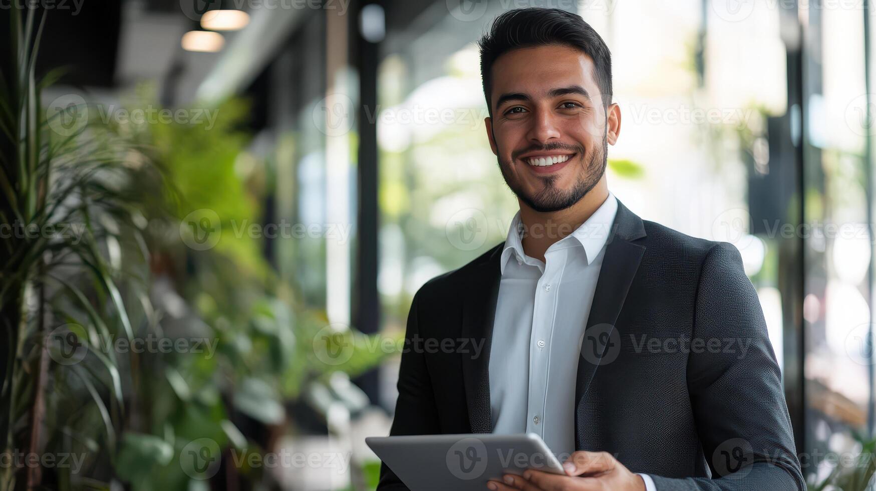 A man in a suit is holding a tablet computer photo