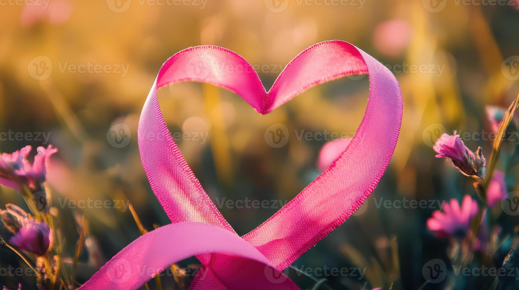 Pink ribbon in the shape of a heart in the grass photo