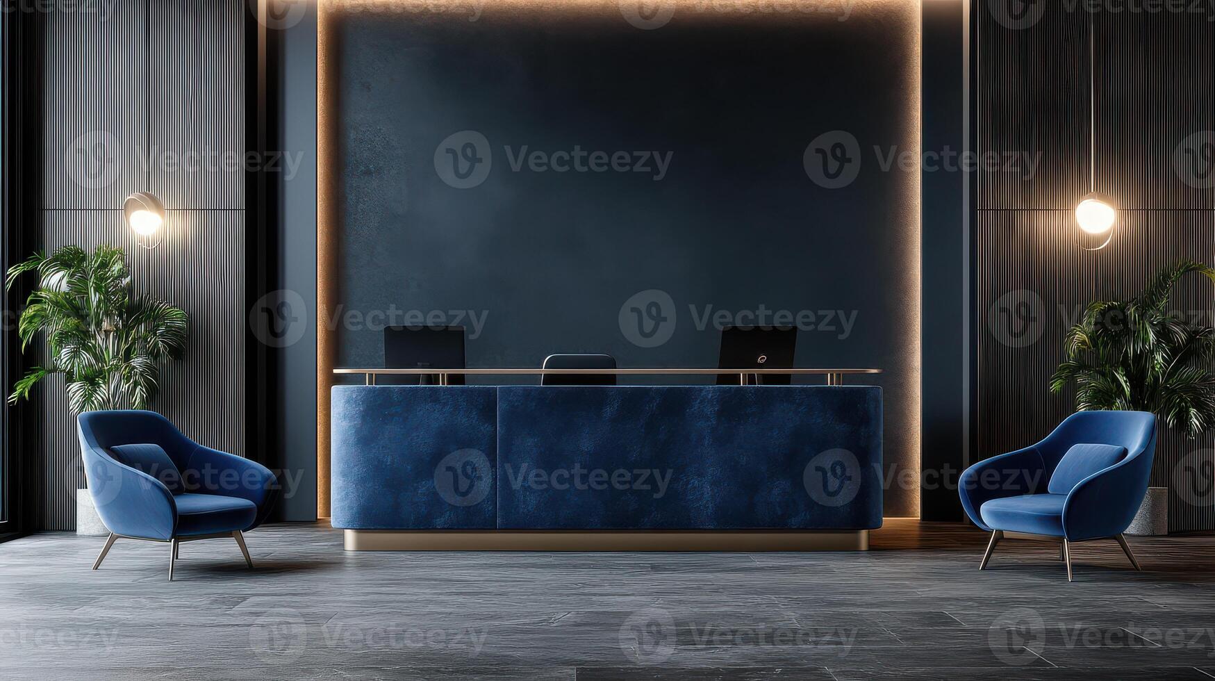 Modern reception desk with blue chairs and plants in a modern office photo