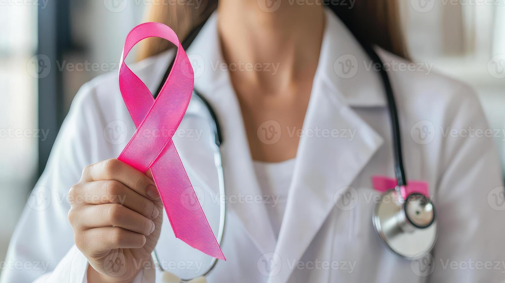 A woman in a white lab coat holding a pink ribbon photo