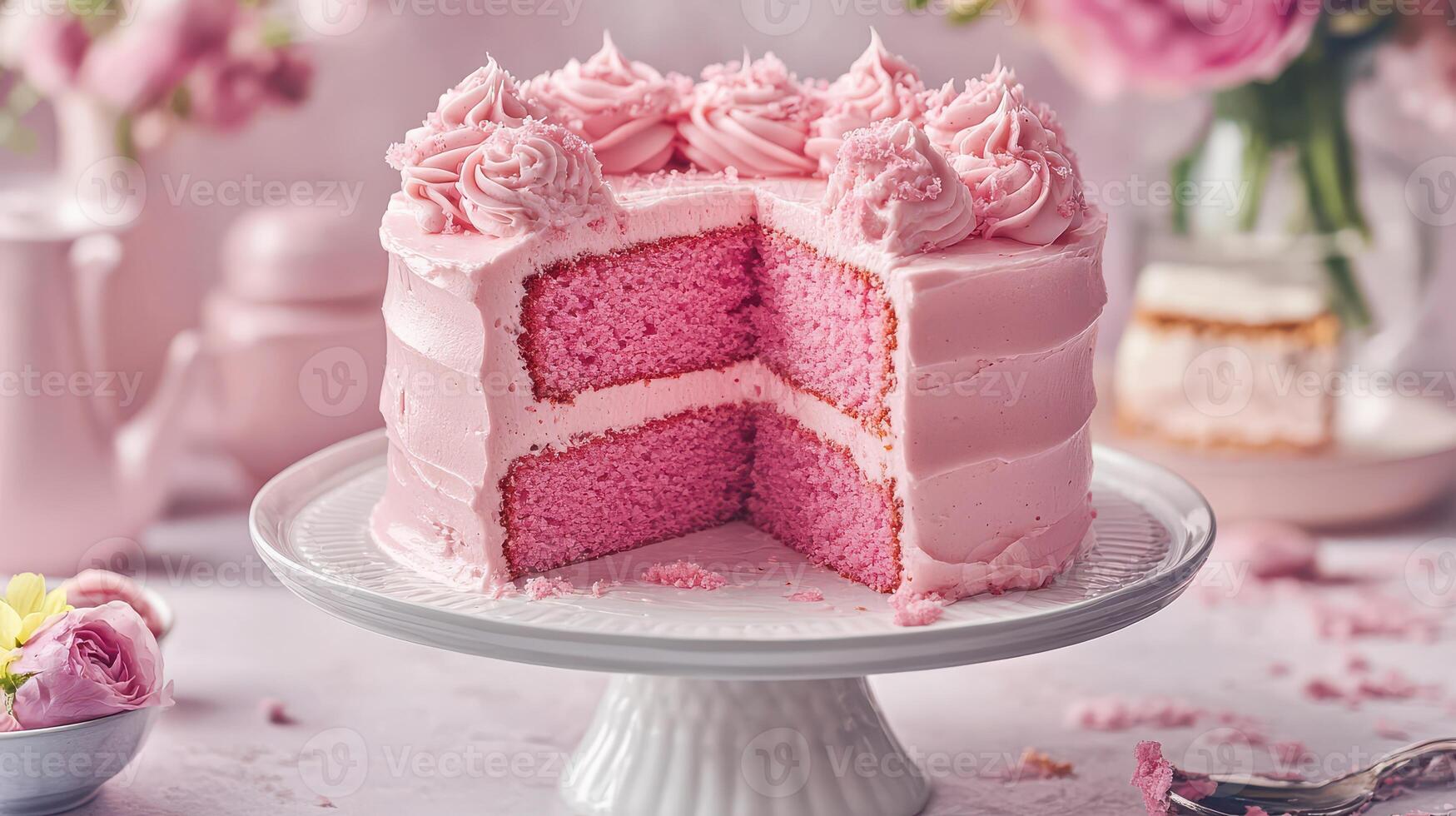 A pink cake with a slice taken out of it photo