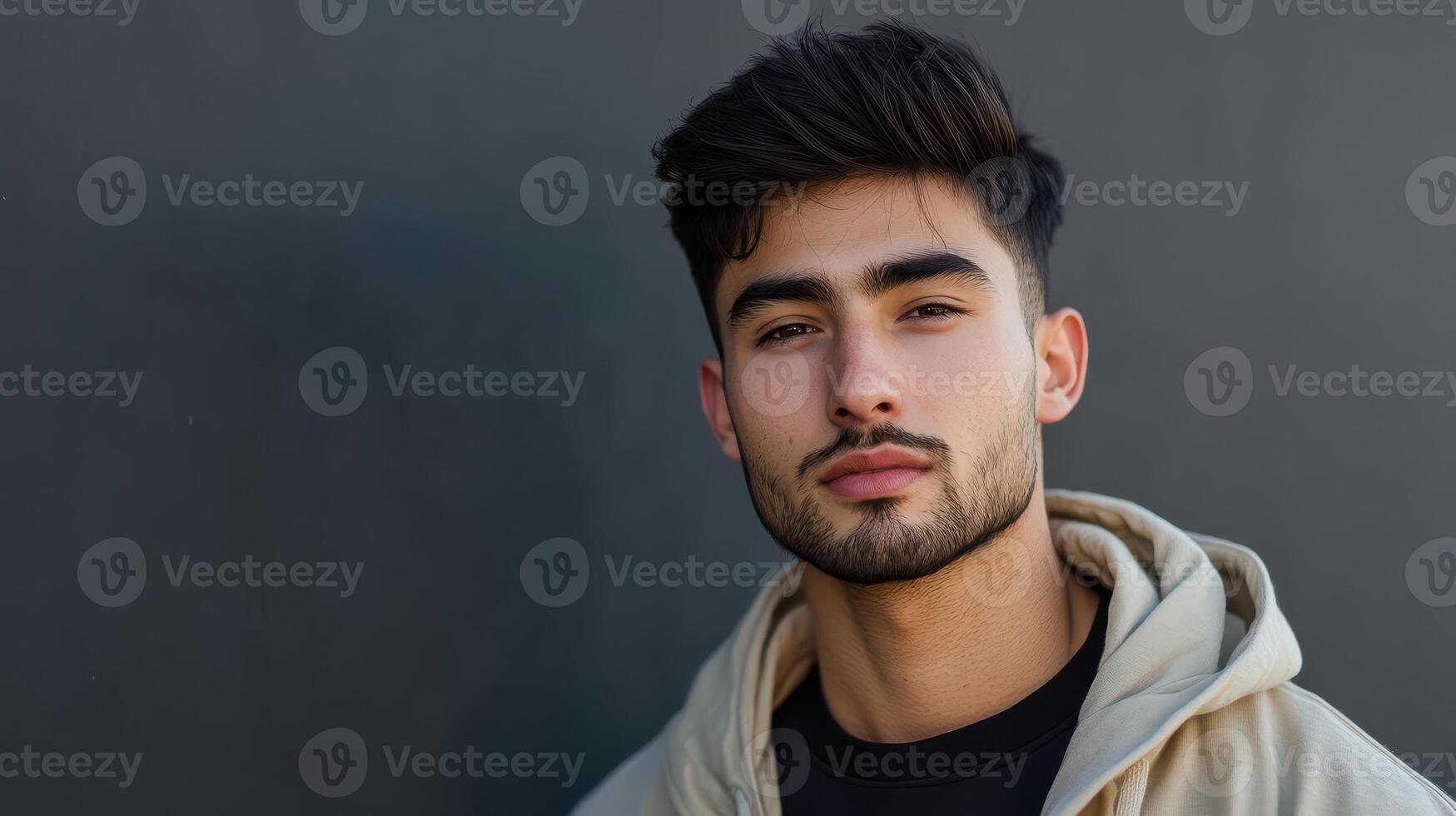 A young man with a beard and hoodie photo
