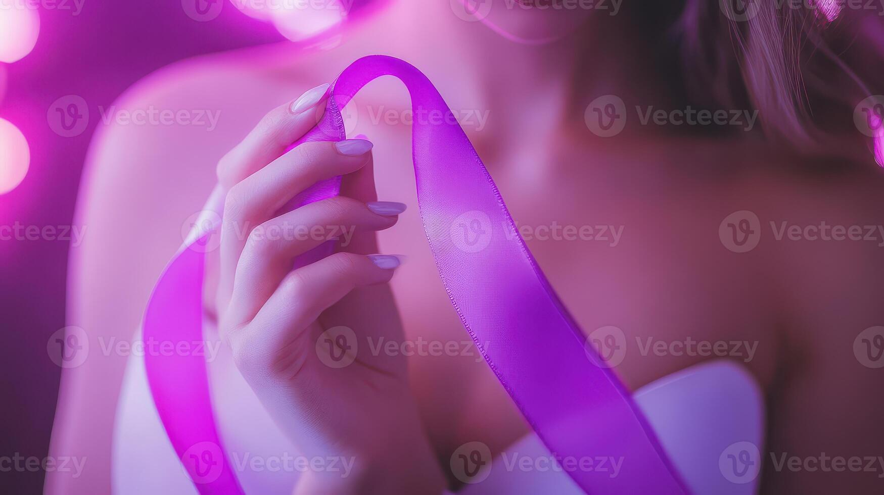 A woman holding a purple ribbon photo