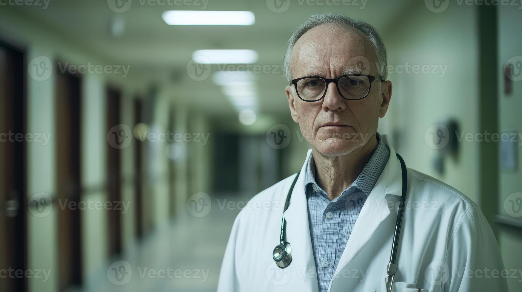 A man in a white coat and glasses standing in a hallway photo