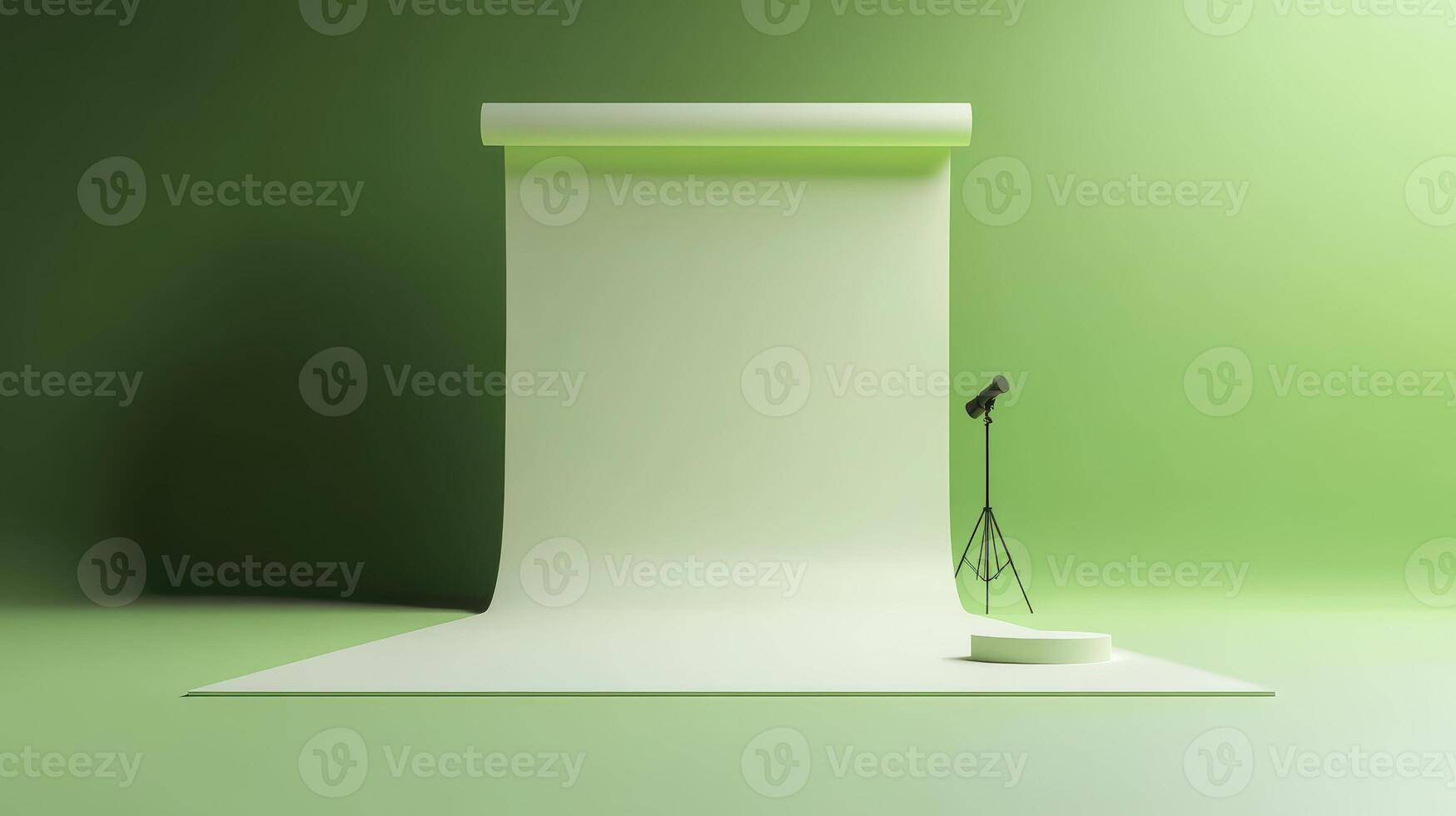 Green background with a white sheet and a tripod photo