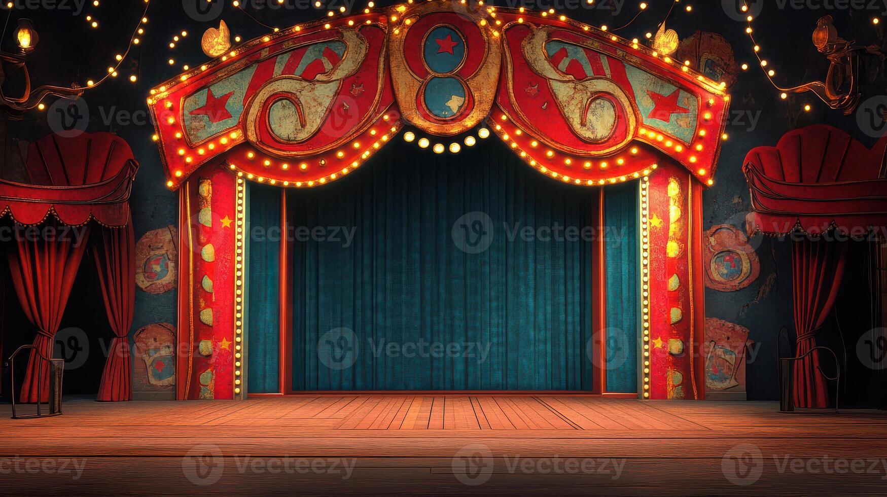 A circus stage with a red curtain and lights photo