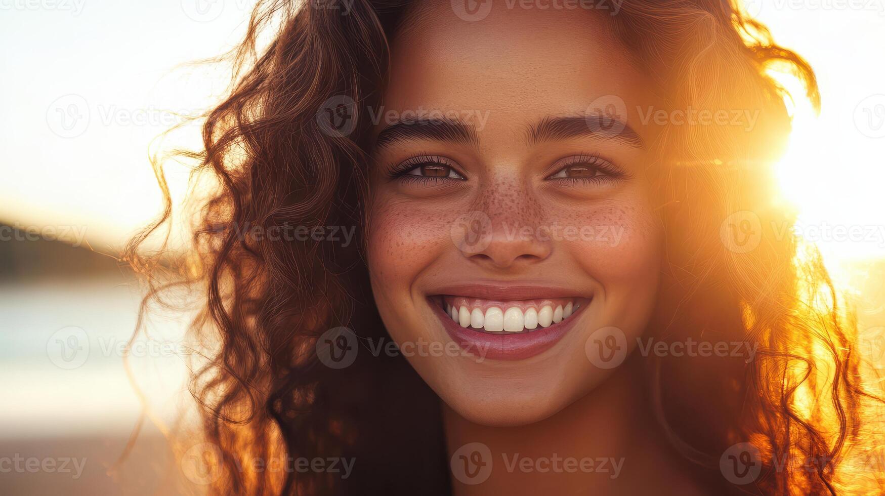 A woman with long curly hair smiling at the camera photo