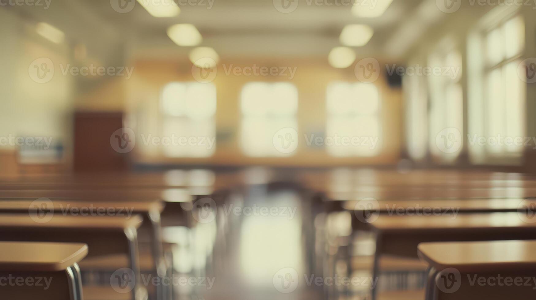 Empty classroom with wooden chairs and empty desks photo
