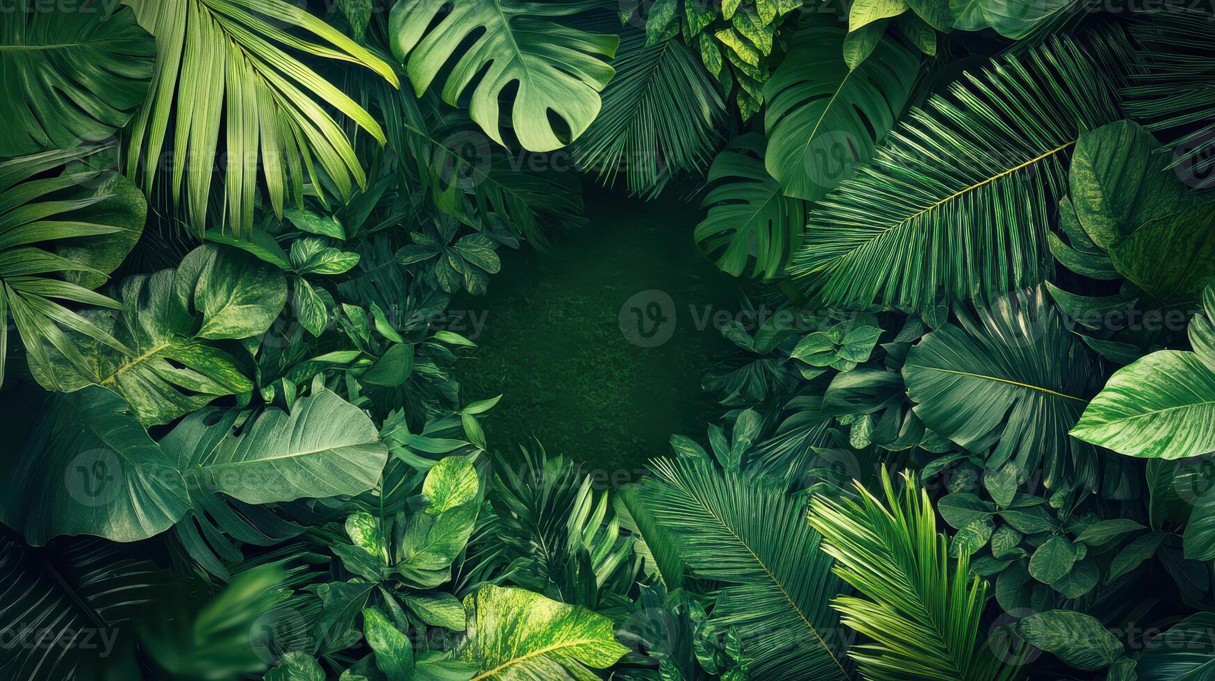 Tropical jungle background with green leaves and plants photo