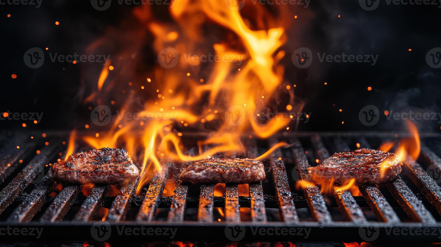 Grilled steaks on a grill with flames photo