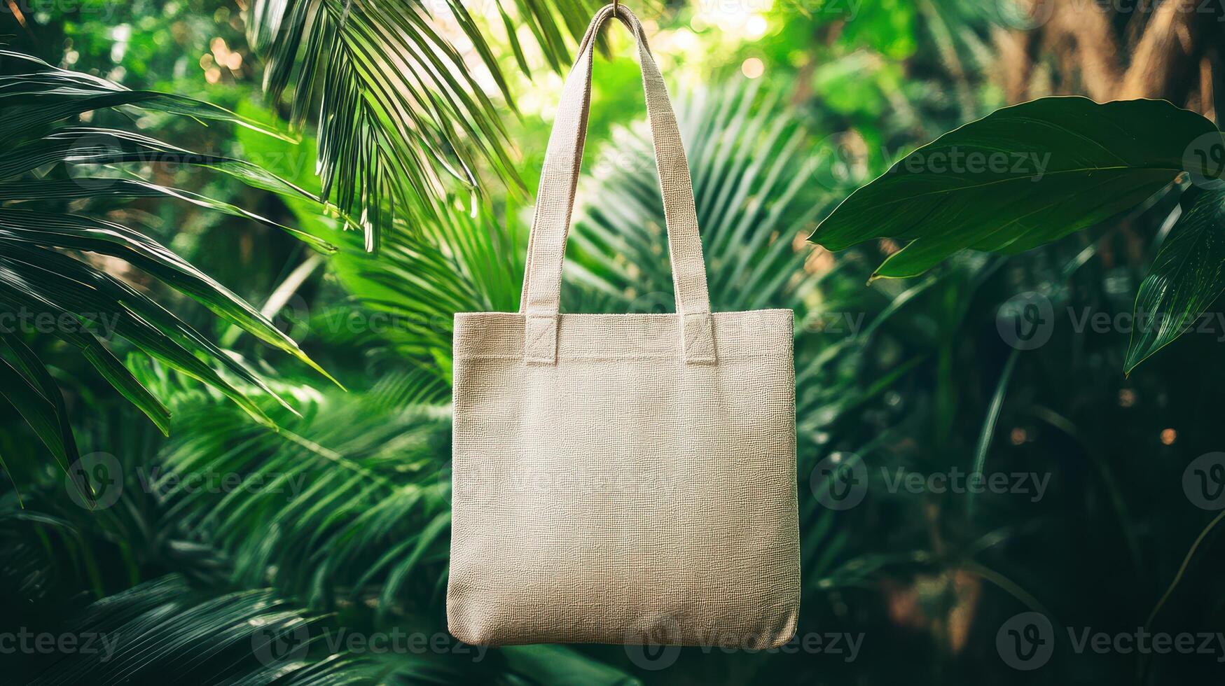 A tote bag hanging from a tree in the jungle photo