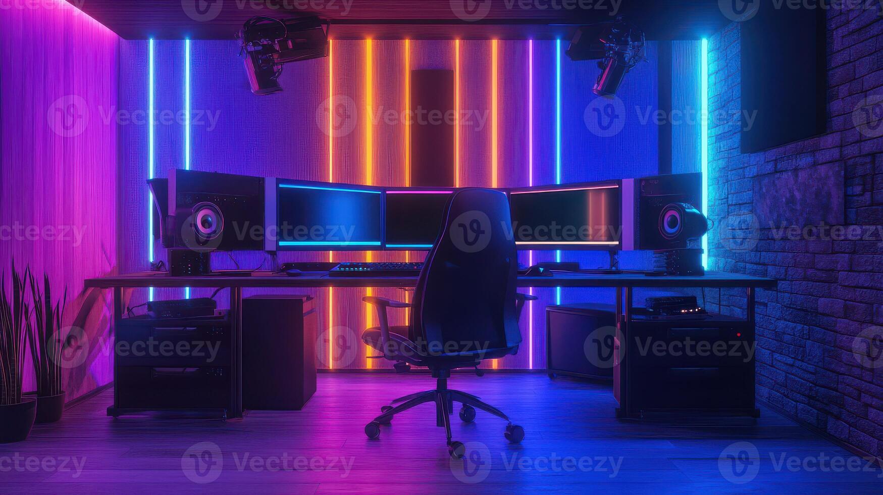 A computer desk with a computer and a chair photo