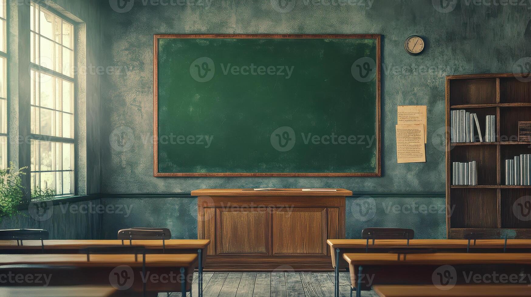 An empty classroom with desks and a chalkboard photo
