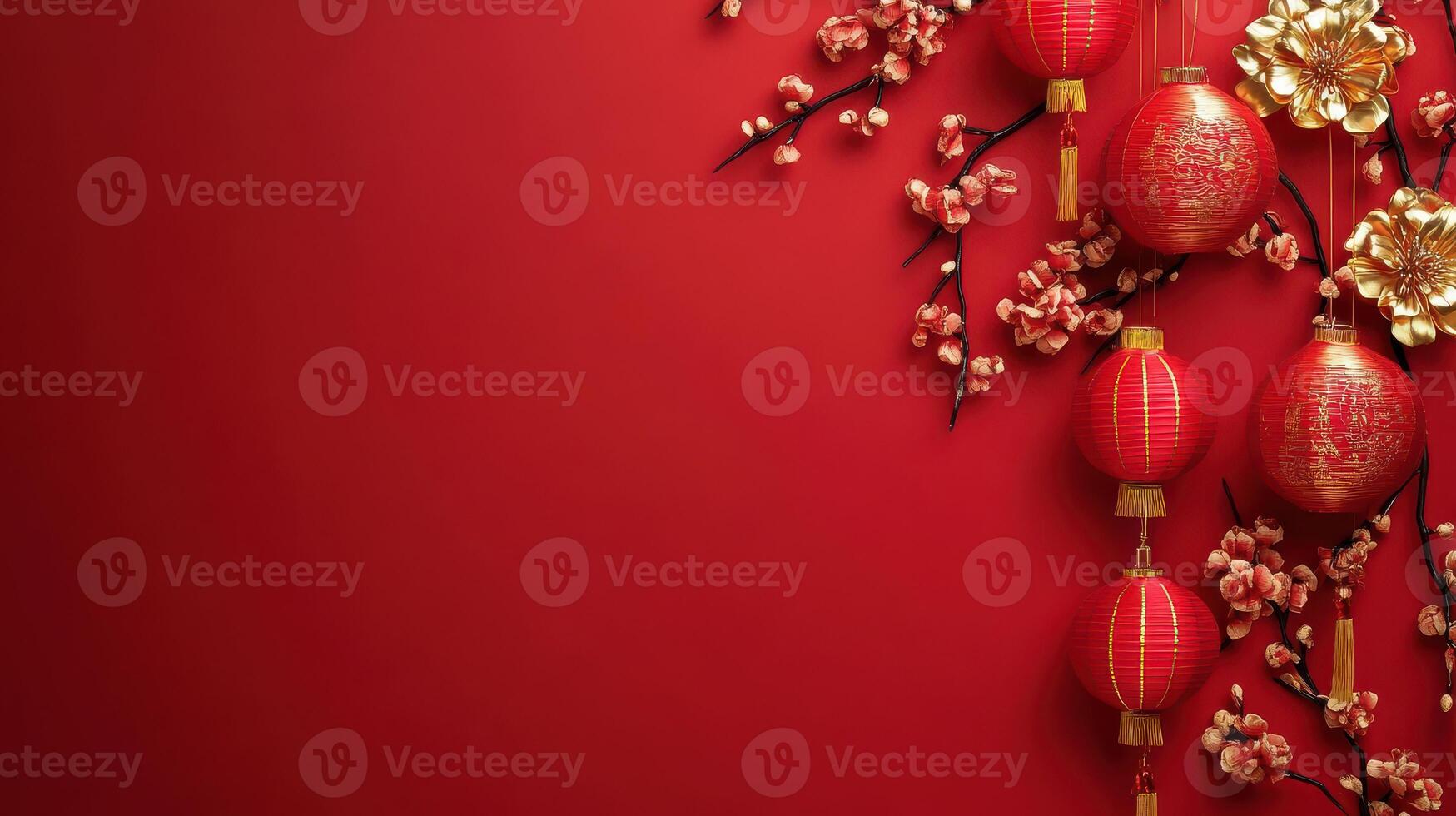 Chinese new year background with red lanterns and flowers photo
